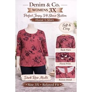 Denim & Co Womens 3X Perfect Jersey 3/4 Sleeve Button Floral Top Dark Rose Multi